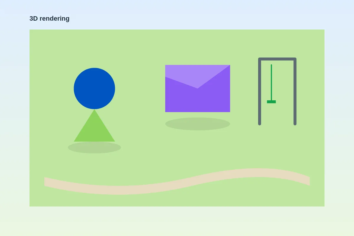 The same playground layout as a flat 2D sketch and as a finished 3D rendering (after)