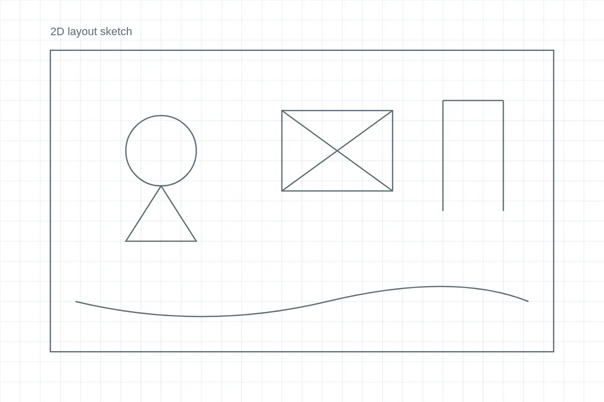 The same playground layout as a flat 2D sketch and as a finished 3D rendering (before)